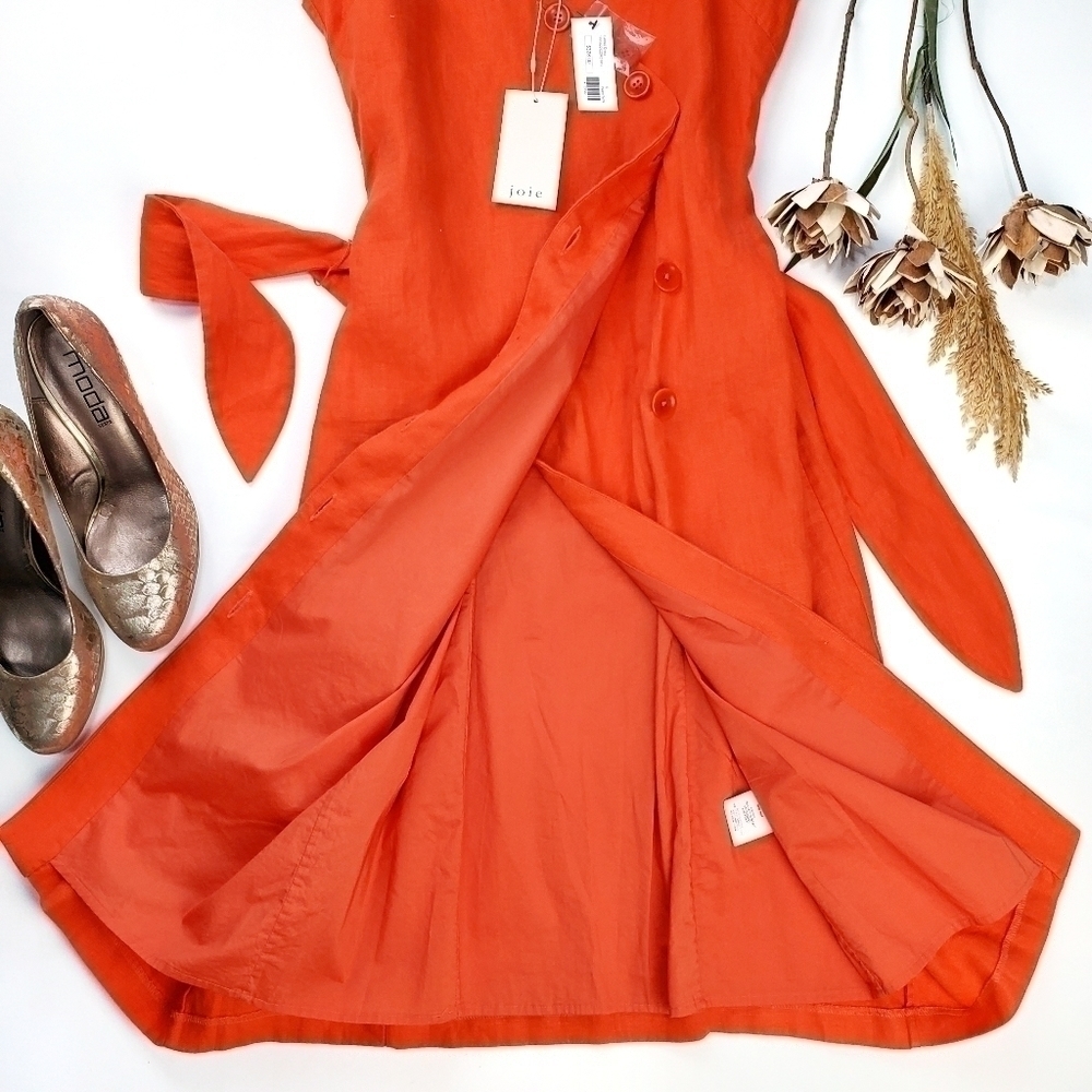 🔴 New JOIE Carmell Warm Terra Orange Linen Dress Size Large - Picture 5 of 16